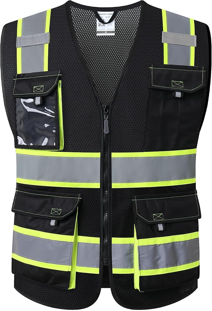 JKSafety Hi Vis Reflective Safety Vests for Men Women High Visibility Vest with Pockets Mesh Fabric Construction Safety Apparel Neon Vest for Work (220-Black S)