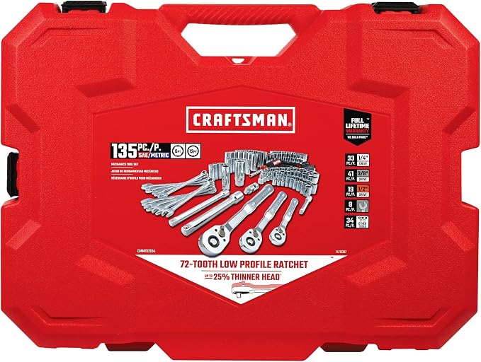 CRAFTSMAN Mechanic Tool Set 135 Pcs, 1/4, 1/2 and 3/8 Inch Drive SAE and Metric Socket Wrench Set with Case (CMMT12124)