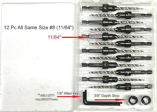 FTG USA 12 Pc #8 (11/64") Countersink Drill Bit Set with Depth Stop Collar, Hex Wrench - Tapered Drill Bits for Wood