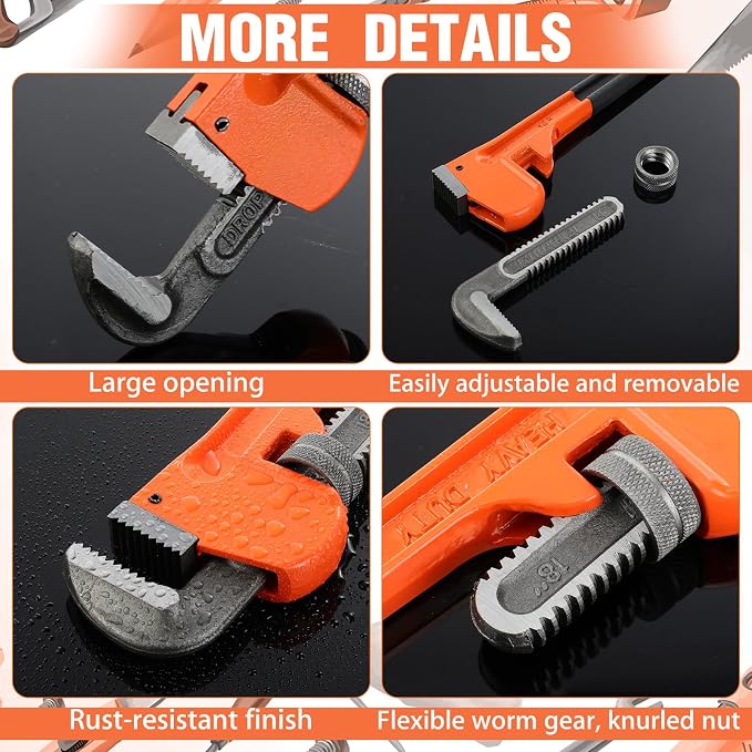 6 Piece Heavy Duty Pipe Wrench Set - 8", 10", 12", 14", 18", 24", Adjustable Chrome Vanadium Steel Plumbing Wrench Set with Soft Handle & Gloves for Plumbers, Pipeline, Auto Repair(Orange)
