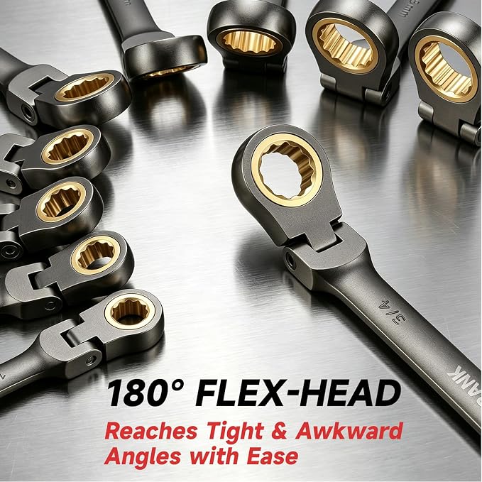 22-Piece Ratcheting Wrench Set, Flex Head Combination Wrenches Set with Organizer Box, Metric 8-19mm and SAE 1/4" to 3/4" Size, 12 Points 72-Teeth, Nickel Plating