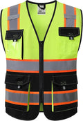 JKSafety Hi Vis Reflective Safety Vests for Men Women High Visibility Vest with Pockets Mesh Fabric Construction Safety Apparel Neon Vest for Work (220-YBlack L)