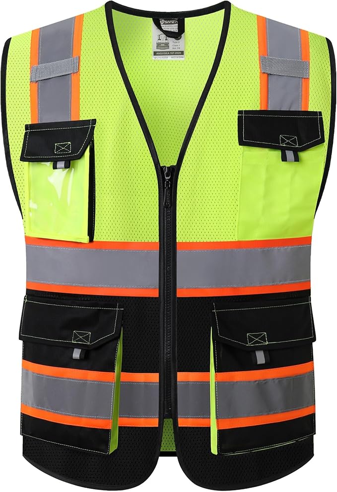 JKSafety Hi Vis Reflective Safety Vests for Men Women High Visibility Vest with Pockets Mesh Fabric Construction Safety Apparel Neon Vest for Work (220-YBlack L)