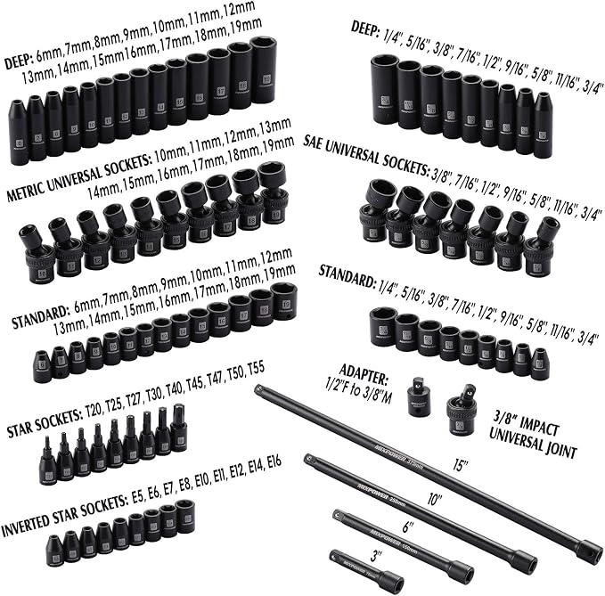 MIXPOWER 3/8'' Drive Master Impact Socket Set, 87-Piece Deep & Standard SAE and Metric,CR-MO, 1/4-Inch to 3/4-Inch and 6-19 mm, Impact Universal Sockets, Inverted Star Sockets, Extension Bar & Adapter