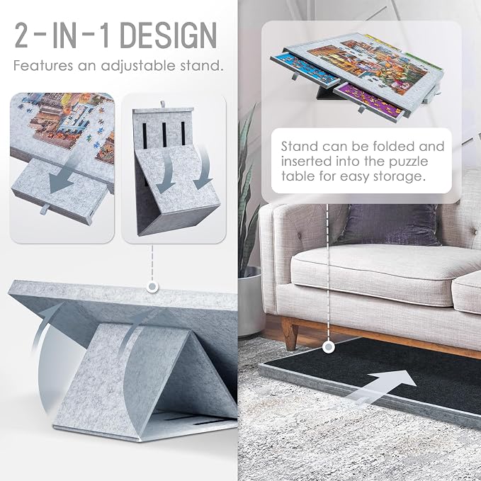 Tektalk Jigsaw Puzzle Table with Integrated Adjustable Stand/Bracket, 3-Tilting-Angle Super Lightweight Felt Puzzle Plateau Board with Cover & 4 Sorting Drawers (Light Gray, for Up to 1500 Pieces)