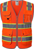 JKSafety 9 Pockets Hi-Vis Reflective Safety Vest | Mesh Fabric | Fluorescent Orange Color with Neon Yellow Extended Trims | ANSI/ISEA Compliance (100-Orange, XXL)