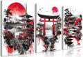 Frimeeme 3 Pieces Japanese Canvas Wall Art, Japanese Landscape Painting Prints, Red and Black Cherry Blossom Trees Building Pictures, Living Room Office Decor, 12x16 Inch Each