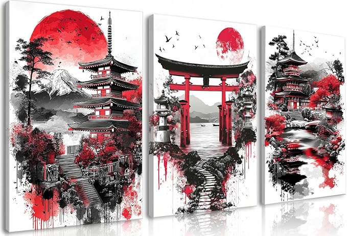 Frimeeme 3 Pieces Japanese Canvas Wall Art, Japanese Landscape Painting Prints, Red and Black Cherry Blossom Trees Building Pictures, Living Room Office Decor, 12x16 Inch Each