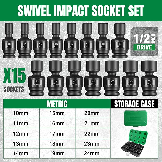 SK 1/2" Drive Swivel Impact Socket Set, Universal Joint Socket, 15-Piece | 10, 11, 12, 13, 14, 15, 16, 17, 18, 19, 20, 21, 22, 23, 24mm, Premium CR-MO Steel, SureGrip 6 Point Design, Storage Case