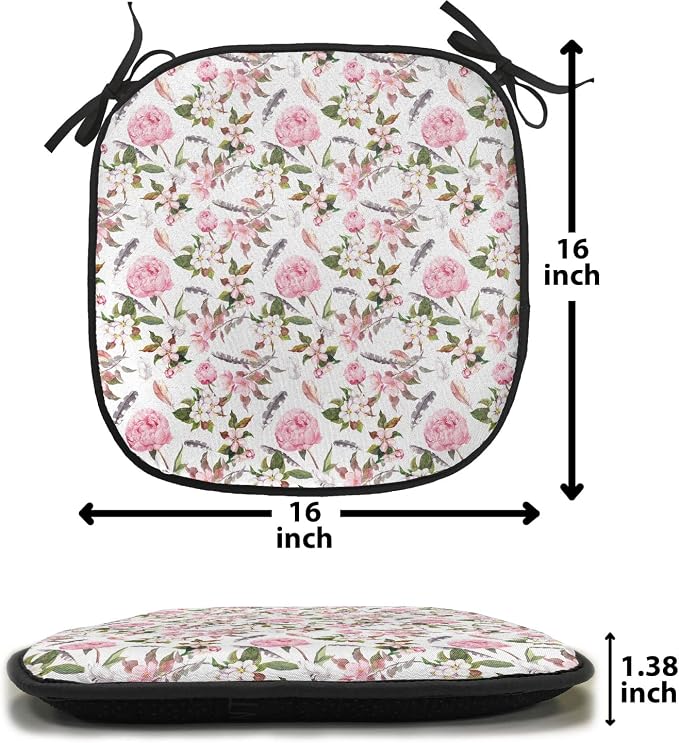 Lunarable Flower Chair Cushion Pads Set of 6, Apple and Cherry Flowers Blossoms Feathers Shabby Classical Botanic Retro, Anti-Slip Seat Padding for Kitchen & Patio, 16"x16", Pale Pink Green Grey