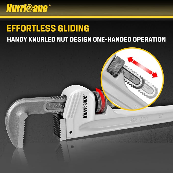 HURRICANE 18-Inch Aluminum Pipe Wrench | Heavy Duty, Adjustable Plumbing Wrench, Straight Handle, 40% Lighter Weight