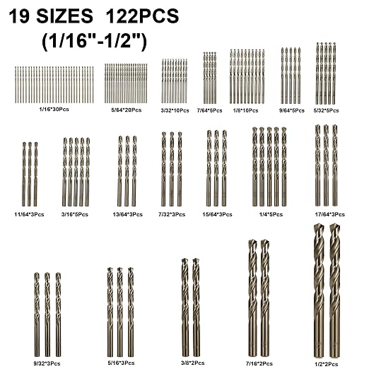 Cobalt Drill Bits Set for Hardened Metal and Stainless Steel, 122Pcs 1/16"-1/2" M35 HSS Twist Jobber Metal Drill Bits, with Index Storage Case