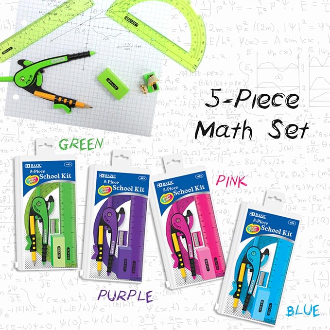 BAZIC Products 5-Piece Geometry Math Set with Zipper Pouch, Ruler Protractor Compass, for Geometry Math School, Box of 24