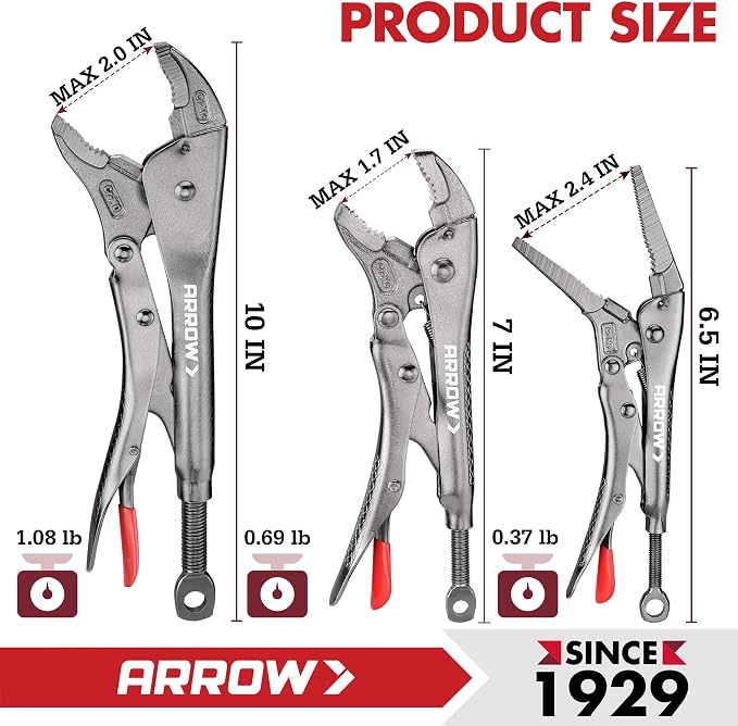 ARROW 3PCS Locking Pliers Set with Long Nose and Curved Jaw