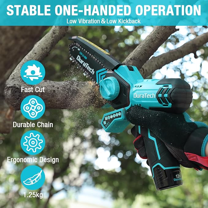 DURATECH 12V Mini Chainsaw, 6 Inch Cordless Electric Wood Cutting Saw | 2 Batteries, 2 Chains, One-Hand Operation, Portable Design, Tree Pruning, Garden Maintenance, Branch Cutting, DIY Projects