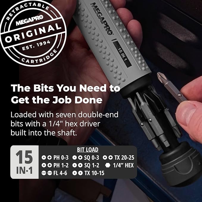 MEGAPRO® 15-in-1 Original Multi-bit Screwdriver | Home DIY & Repair | Construction | Tradeswork | 14 Industrial-grade bit tips | 1/4" Hex Drive in shaft (Original NAS Light Grey/Charcoal)