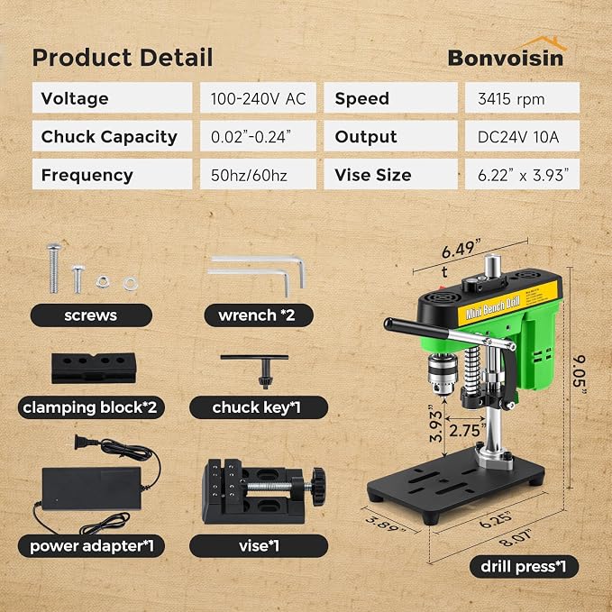 Bonvoisin Mini Drill Press with Vise Benchtop Drill Press Chuck Capacity 0.6-6.35MM Drilling Machine for Craft and Home