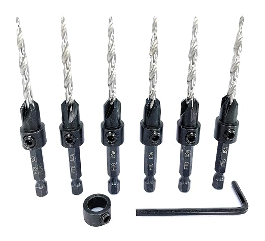 FTG USA 6 Pc #8 (11/64") Countersink Drill Bit Set with Depth Stop Collar, Hex Wrench - Tapered Drill Bits for Wood