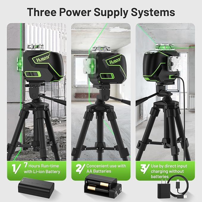 Huepar Laser Level 360 Self Leveling, 3x360° Green 3D Cross Line Laser with LCD Screen, Bluetooth Outdoor Pulse Mode Laser Tool for Construction -Remote Control, Li-ion Battery or 4 AA Batteries-S03CG