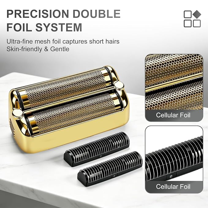 Replacement Foil and Cutter Blades - Compatible with BaBylissPRO FXONE Shavers, Double Foil & Cutter Set for Smooth Shaving (Gold-2pcs)
