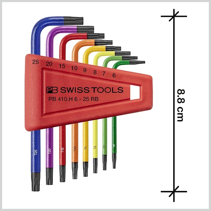 PB SWISS TOOLS RainBow Torx Key L-Wrenches PB 410.H 6-25 RB CN | 100% Swiss Made | 8-Piece Color Coded Torx Key Set for Screwdriving Work in Industry and Handcraft