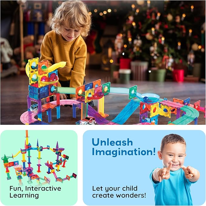PicassoTiles 108 Pcs Marble Run with Race Track Set with Magnetic Tiles Cars and Marbles STEM Learning Toy 3-in-1 Building Construction Kit for Indoor Activity Development Boys & Girls Ages 3+ PTG108