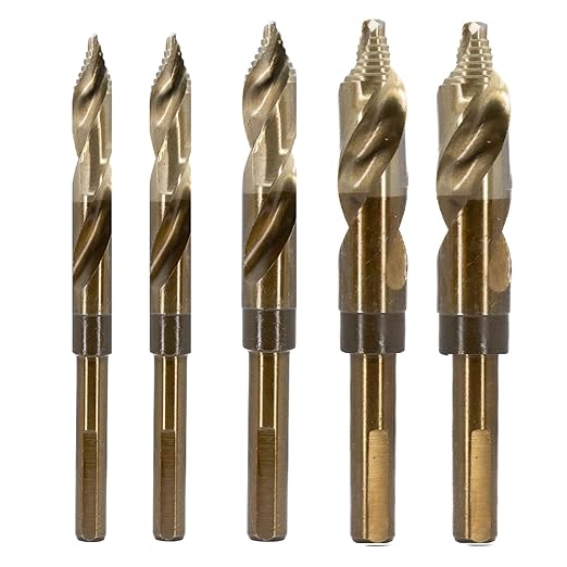 Drill America 5 Piece Cobalt Stepped Drill Bit Set with 1/2" Reduced 3-Flat Shank, Gold Oxide Finish for Drilling Acrylic, Steel, Hard Metals, GSC Series