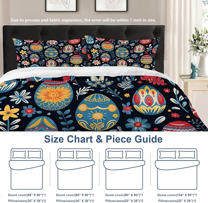 Batmerry Easter Eggs Flowers Queen Size 100% Cotton Duvet Cover Sets, Decorative with Colorful Eggs Blooms Bedding Set with Zipper Closure Corner Ties, 3 Pieces (1 Cover + 2 Pillowcases No Comforter)