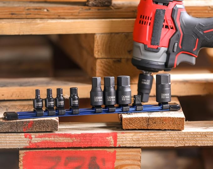 ARES 70497 9-Pc Metric Impact Hex Socket Set, Chrome Moly, Rail | Manganese phosphate coating; low profile and designed for impact use.