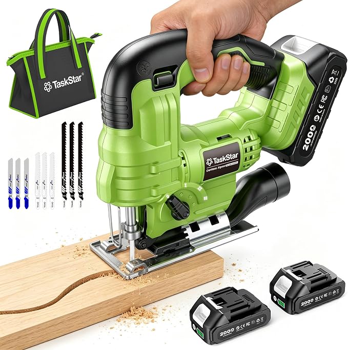 TaskStar Jig Saw - Cordless Jigsaw Saw with Batteries and Charger | Jigsaw Tool wtih 9 Blades for Wood, Metal, PVC, ±45° Bevel Cutting, 4 Orbital Actions, LED, Safety Lock, Storage Bag