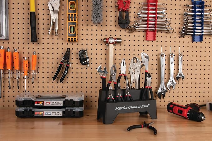 Performance Tool W1705 Pliers Set with Rack (10 Pieces) - Double Dipped Grip Handles, Heat-Treated Alloy Steel, Free Standing or Pegboard Hanging, Machined Jaws, Induction Hardened Cutting Edges