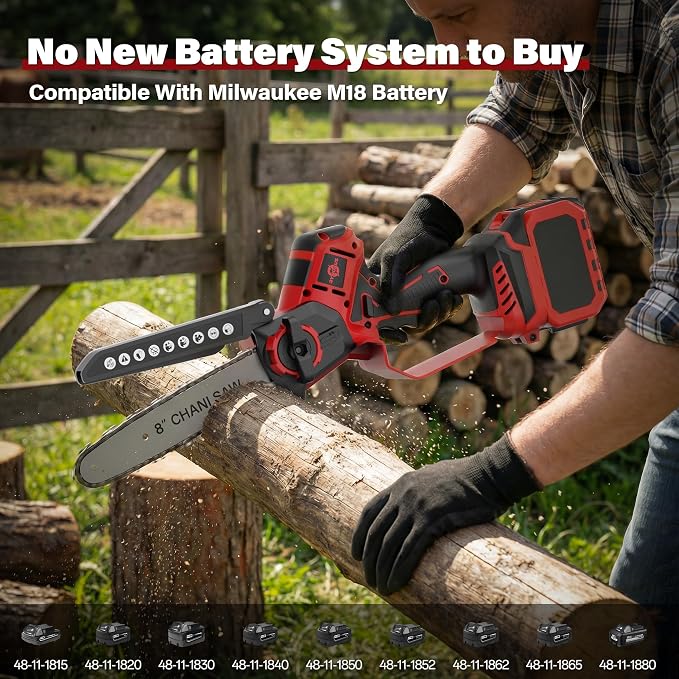 Mini Chainsaw for Milwaukee M18 Battery, 8-Inch and 6-Inch 2-IN-1 Cordless Electric Chain saw with 800W Brushless Motor and Auto-Oiler, Garden Tool for Woodworkers, Campers(Tools only)