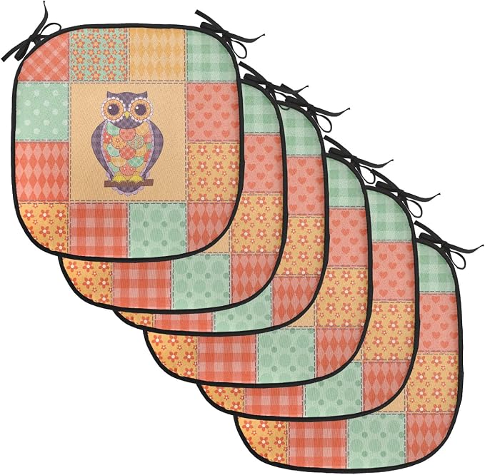Lunarable Owls Chair Cushion Pads Set of 6, Owl on Spotted Striped Patchwork Background Vintage Crafting Design Art, Anti-Slip Seat Padding for Kitchen & Patio, 16"x16", Orange Mint Green Mauve