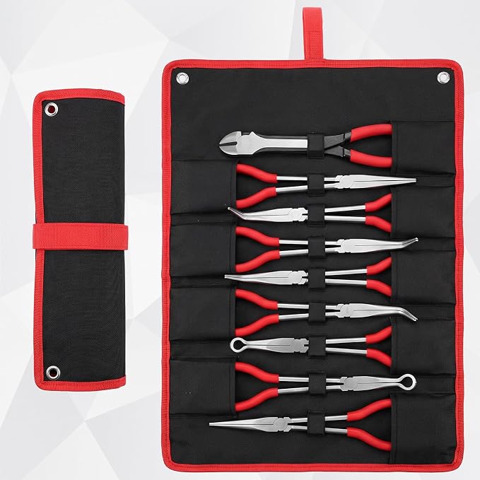 9 Piece 11 Inch Long Reach Pliers Set 45° 90° Bent, Circle, Diagonal Carbon Steel Needle Nose Pliers for Narrow Spaces and Limited Areas (Red)