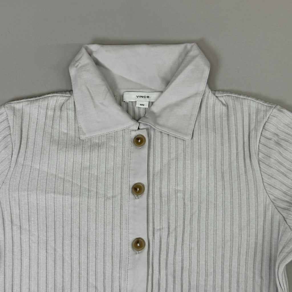 VINCE Ribbed Cotton-Blend Polo Dress 4 Button Women's Sz M Salt Glass V041584525