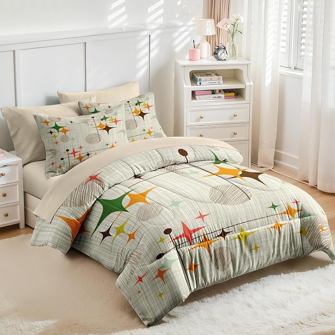 Nesker Comforter Set Twin Size, Retro Stars Brown 5 Pcs Bedding for Kids and Adults, Mid Century Vintage Bed Sheet Sets with Fitted Sheet Pillowcase & Sham