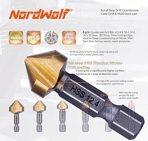 NordWolf 12-Piece HSS Titanium Metric Step, Countersink, Cone Drills with 1/4" Hex Shank, Multi Drill Saw & Automatic Center Punch Set in Storage Case