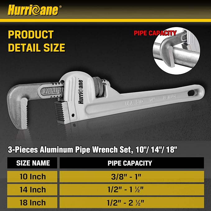 HURRICANE 3-Piece Aluminum Pipe Wrench Set (10", 14", 18"). Lightweight & Reliable Plumbing Wrench Kit for Home Maintenance and DIY Projects