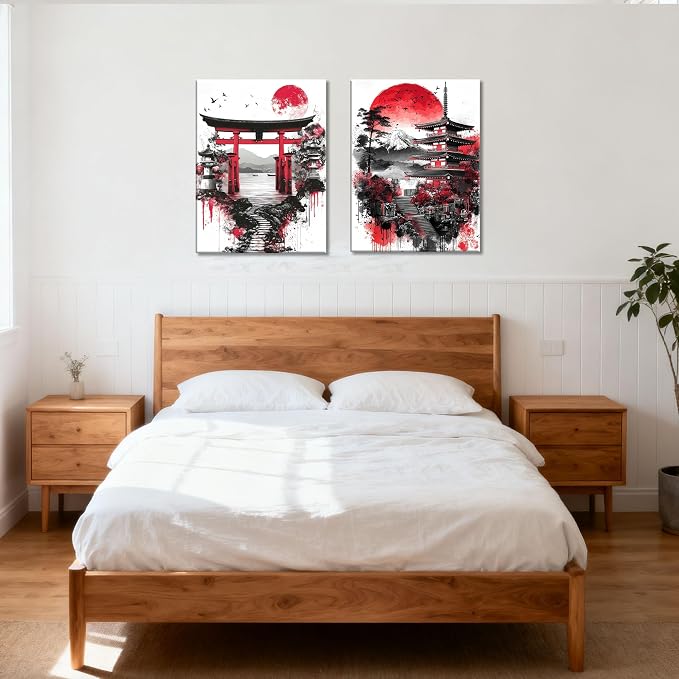 2Pcs Japanese Canvas Wall Art - Red Black Landscape Prints, Modern Minimalist Asian Oriental Decor, Ready to Hang,Framed