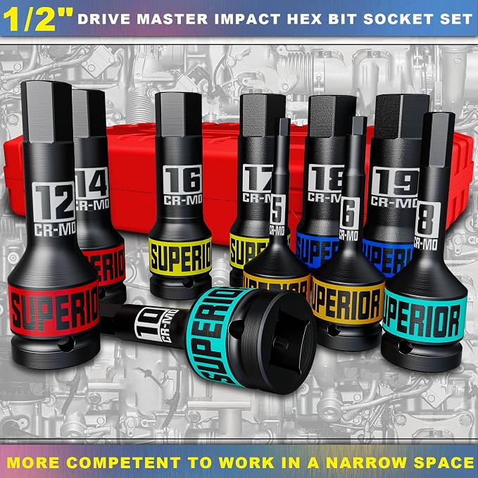 1/2" Drive Master Impact Hex Bit Socket Set, Metric, 10 Pieces 1/2" Drive Impact Allen Bit Socket Set, 5mm - 19mm, Cr-Mo Steel, Heavy Duty Storage Case