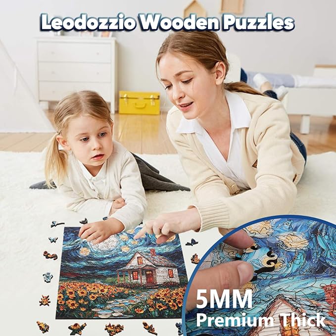 Leodozzio Wooden Puzzles for Adults, Starlight House Jigsaw Puzzles 200 Pieces, 5MM Thick Unique Shaped Animal Wooden Puzzle, Perfect Choice for Gifts, Wall Art Room & Artistic Home Decor, 11.2"x11.2"