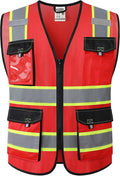 JKSafety Hi Vis Reflective Safety Vests for Men Women High Visibility Vest with Pockets Mesh Fabric Construction Safety Apparel Neon Vest for Work (220-Red XL)
