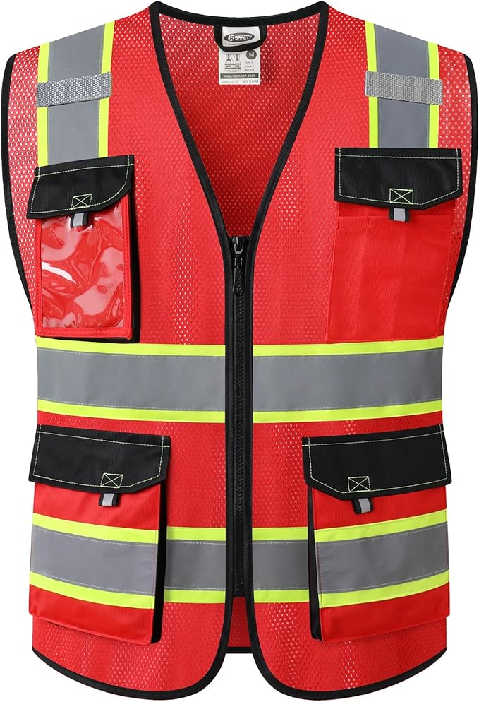 JKSafety Hi Vis Reflective Safety Vests for Men Women High Visibility Vest with Pockets Mesh Fabric Construction Safety Apparel Neon Vest for Work (220-Red XL)