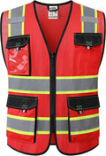 JKSafety Hi Vis Reflective Safety Vests for Men Women High Visibility Vest with Pockets Mesh Fabric Construction Safety Apparel Neon Vest for Work (220-Red 3XL)