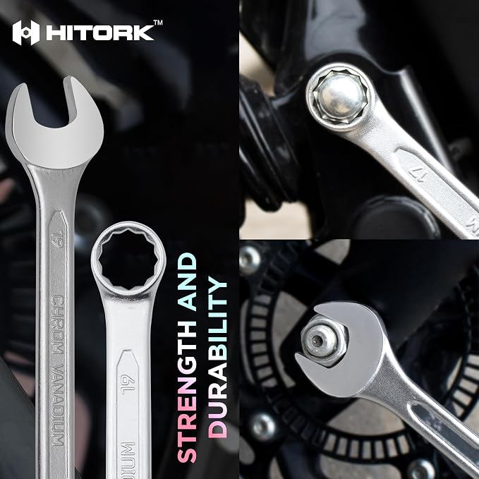 HITORK 25 Piece Metric Combination Wrench Set, 6-32 mm, 12-Point CRV Steel | Matt finish, 15° Offset box ends & organized roll up storage improve access, visibility & control for automotive repair work