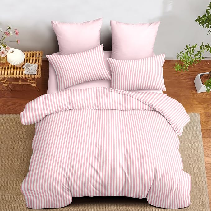 Sedefen Striped Duvet Cover Queen Size Pink Stripe Bedding Set for Girls 3 Pieces Soft Breathable Microfiber Reversible Geometric Stripes Duvet Cover Set with Zipper Closure and 2 Pillowcases