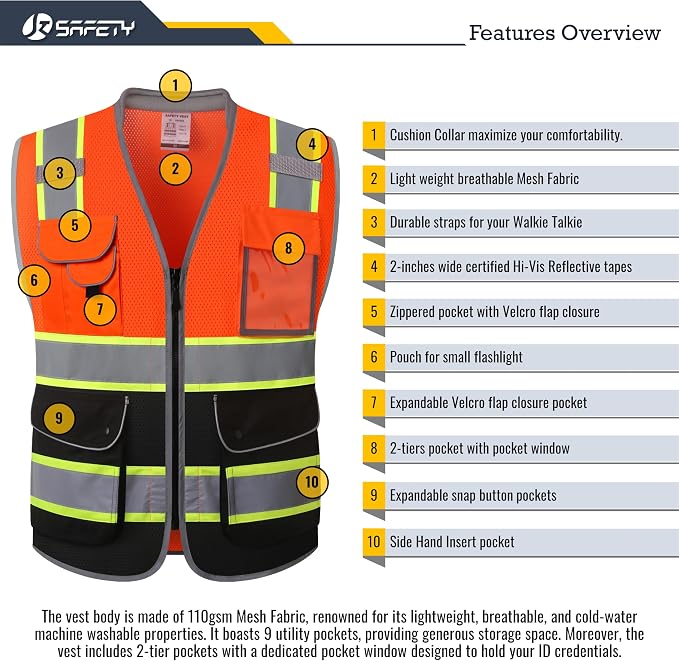 JKSafety 9 Pockets Hi-Vis Safety Vest High Visibility Reflecitive Mesh Safety Vests for Men and Women Cushioned Collar Work Utility PPE Work Gear ANSI/ISEA compliant Class 2 (101-OBlk XXL)