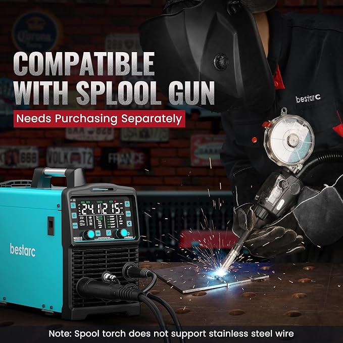 bestarc 215Amp MIG Welder, 110V 220V Gas MIG/Flux Core MIG/Stick/Lift TIG/Spool Gun/Spot Welding 7 IN 1 Aluminum Welding Machine, IGBT Multiprocess bestarc Welder with Synergy, Spool Gun Compatible