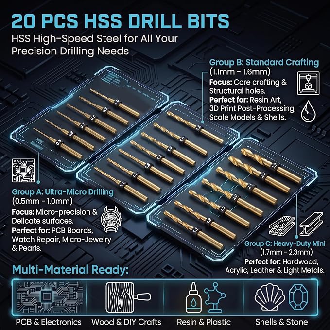 ARROWMAX 5-Speed Mini Electric Hand Drill with 20pcs Drill Bits & OLED