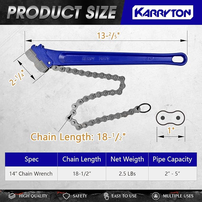 14" Chain Pipe Wrench 2" - 5" Pipe Diameters, 18.5" Chain Length Max Breaking Load 5500Lbs, Heavy Duty Plumbing Tool for Pipe Installation, Oil Fields Operations and Maintenance